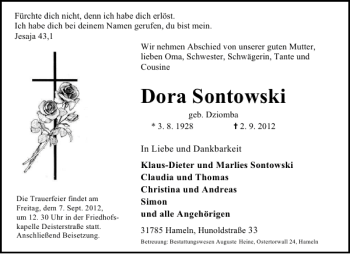 Traueranzeige von Dora Sontowski von Deister- und Weserzeitung