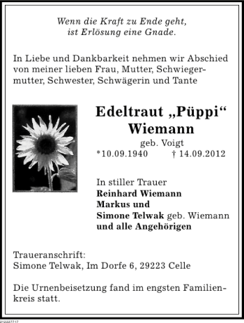 Traueranzeige von Edeltraut Püppi Wiemann von Deister- und Weserzeitung