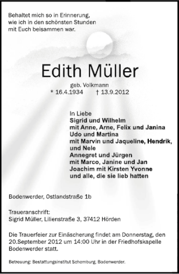 Traueranzeige von Edith Müller von Deister- und Weserzeitung