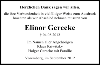 Traueranzeige von Elinor Gerecke von Deister- und Weserzeitung