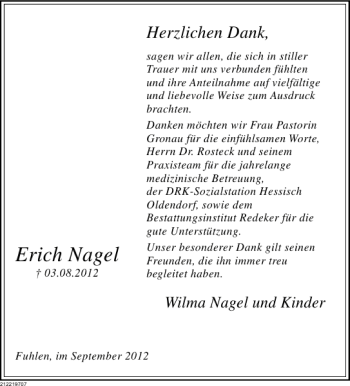 Traueranzeige von Erich Nagel von Deister- und Weserzeitung