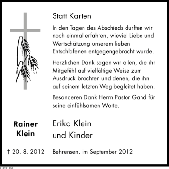 Traueranzeige von Erika Klein und Kinder von Deister- und Weserzeitung