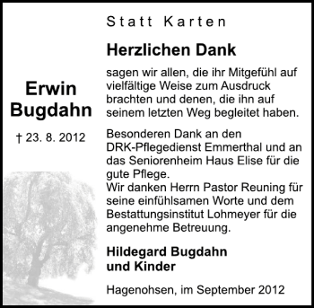 Traueranzeige von Erwin Bugdahn von Deister- und Weserzeitung
