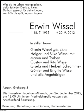 Traueranzeige von Erwin Wissel von Deister- und Weserzeitung