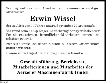 Traueranzeige von Erwin Wissel von Deister- und Weserzeitung