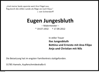 Traueranzeige von Eugen Jungesblut von Deister- und Weserzeitung