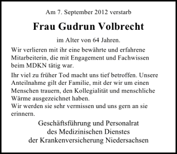 Traueranzeige von Frau Gudrun Volbrecht von Deister- und Weserzeitung