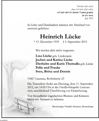 Traueranzeige von Fürchte gerufen von Deister- und Weserzeitung