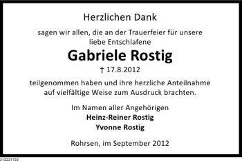 Traueranzeige von Gabriele Rostig von Deister- und Weserzeitung