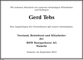 Traueranzeige von Gerd Tebs von Deister- und Weserzeitung