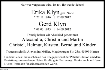 Traueranzeige von Gerd Klyn Erika Klyn von Deister- und Weserzeitung