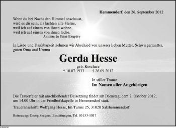 Traueranzeige von Gerda Hesse von Deister- und Weserzeitung