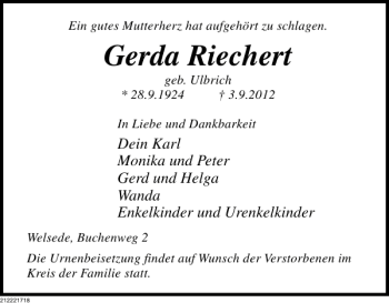 Traueranzeige von Gerda Riechert von Deister- und Weserzeitung
