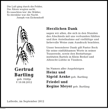 Traueranzeige von Gertrud Bartling von Deister- und Weserzeitung
