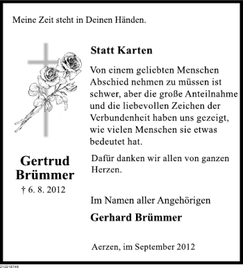 Traueranzeige von Gertrud Brümmer von Deister- und Weserzeitung