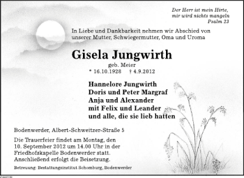 Traueranzeige von Gisela Jungwirth von Deister- und Weserzeitung