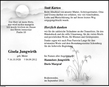 Traueranzeige von Gisela Jungwirth von Deister- und Weserzeitung