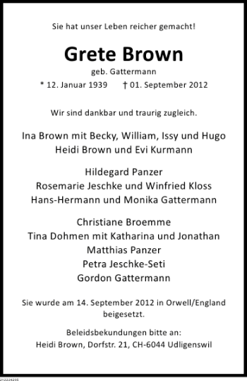 Traueranzeige von Grete Brown von Deister- und Weserzeitung