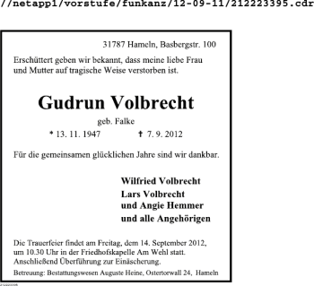 Traueranzeige von Gudrun Volbrecht von Deister- und Weserzeitung