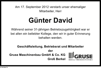 Traueranzeige von Günter David von Deister- und Weserzeitung