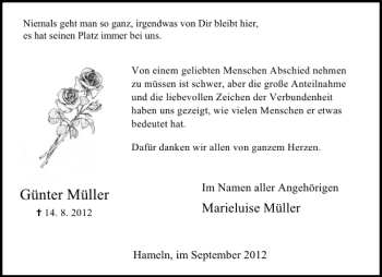 Traueranzeige von Günter Müller von Deister- und Weserzeitung