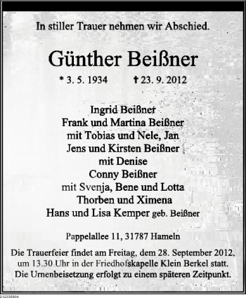 Traueranzeige von Günther Beißner von Deister- und Weserzeitung