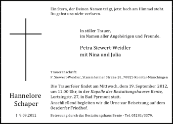 Traueranzeige von Hannelore Schaper von Deister- und Weserzeitung