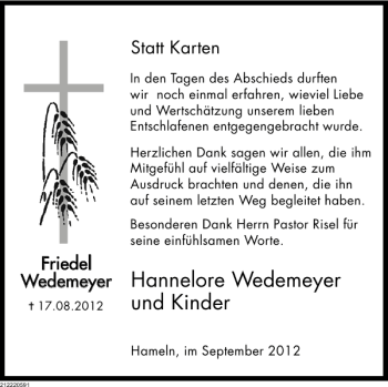 Traueranzeige von Hannelore Wedemeyer und Kinder von Deister- und Weserzeitung