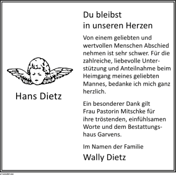 Traueranzeige von Hans Dietz von Deister- und Weserzeitung