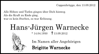 Traueranzeige von Hans-Jürgen Warnecke von Deister- und Weserzeitung