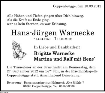 Traueranzeige von Hans-Jürgen Warnecke von Deister- und Weserzeitung
