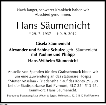 Traueranzeige von Hans Säumenicht von Deister- und Weserzeitung