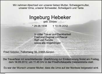 Traueranzeige von Hebeker  von Deister- und Weserzeitung