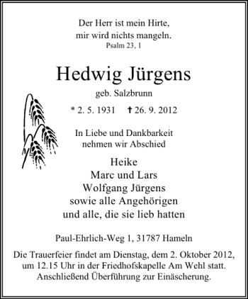 Traueranzeige von Hedwig Jürgens von Deister- und Weserzeitung