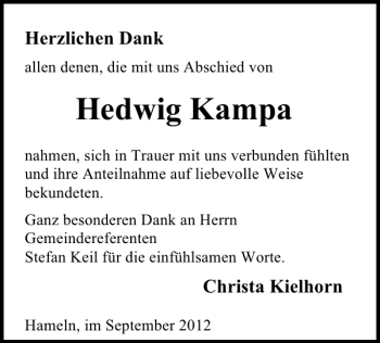 Traueranzeige von Hedwig Kampa von Deister- und Weserzeitung