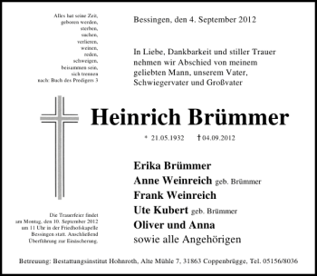 Traueranzeige von Heinrich Brümmer von Deister- und Weserzeitung