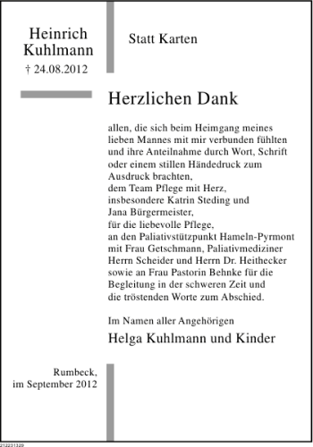 Traueranzeige von Heinrich Kuhlmann von Deister- und Weserzeitung