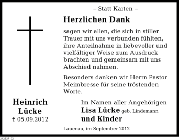 Traueranzeige von Heinrich Lücke von Deister- und Weserzeitung