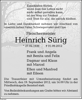 Traueranzeige von Heinrich Sürig von Deister- und Weserzeitung