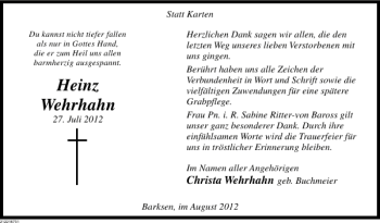 Traueranzeige von Heinz Wehrhahn von Deister- und Weserzeitung