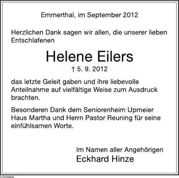 Traueranzeige von Helene Eilers von Deister- und Weserzeitung