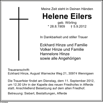 Traueranzeige von Helene Eilers von Deister- und Weserzeitung