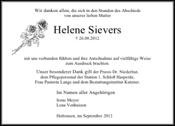 Traueranzeige von Helene Sievers von Deister- und Weserzeitung