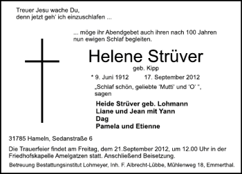 Traueranzeige von Helene Strüver von Deister- und Weserzeitung