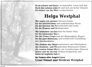 Traueranzeige von Helga Westphal von Deister- und Weserzeitung