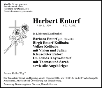 Traueranzeige von Herbert Entorf von Deister- und Weserzeitung