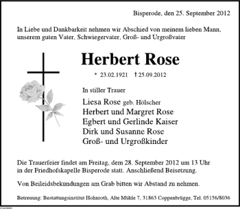Traueranzeige von Herbert Rose von Deister- und Weserzeitung