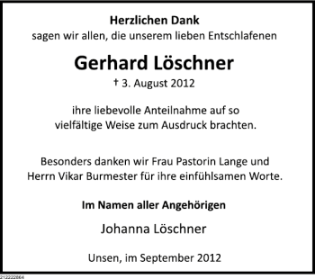 Traueranzeige von Herhard Löschner von Deister- und Weserzeitung