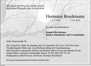Traueranzeige von Hermann Brockmann von Deister- und Weserzeitung