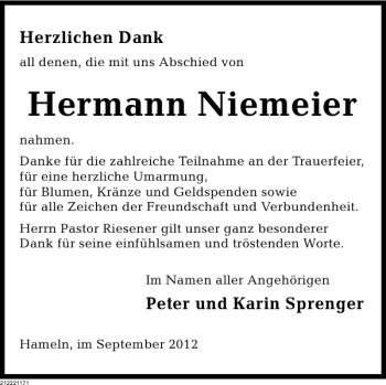 Traueranzeige von Hermann Niemeier von Deister- und Weserzeitung